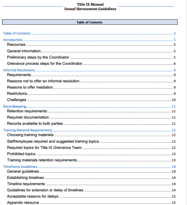 Table of Contents Title IX Sexual Harrassment Guidelines